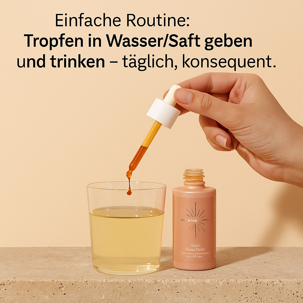 Einnahme-Illustration: Tropfen ins Glas, umrühren, trinken